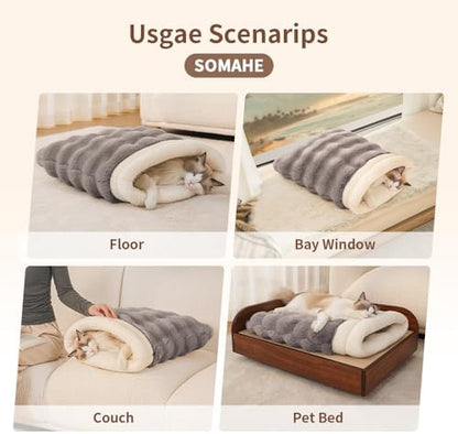 SOMAHE Cat Sleeping Bag for Indoor Cats, Faux Fur Pet Cave Bed & Burrow Nest, Reversible Plush Snuggle Sack, Portable Foldable Mat, Machine Washable, Anti-Static, 21.7"x17.7" Beige