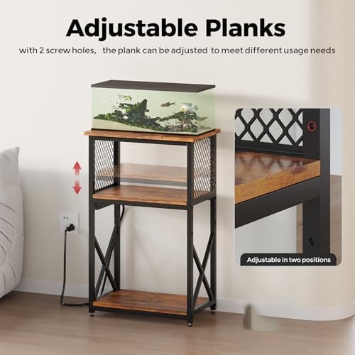 HavenlyYouth 10 Gallon Fish Tank Stand with Power Outlet, 3 Tier Aquarium Stand with Shelf, Turtle/Reptile Tank Stand for Home Office,Adjustable Boards, 20.47''L×11.42''W×30.91''H, Retro Brown