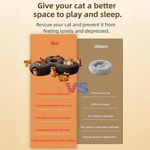 4-in-1 Large Cat Tunnel Bed for Multiple Large Cats, Scratch Resistant Donut & Detachable & Washable Donut Cat Bed,Up to 45 Lbs (L 40x40x11,Charcoal Gray),Bonus Pet Hair Remover Included