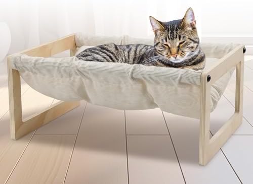 Elevated Cat Bed, Wooden Cat Hammock with Washable Thickened Cozy Cushion