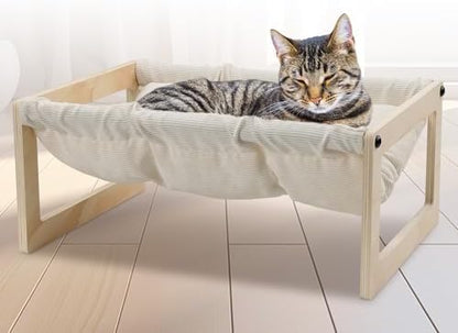 Elevated Cat Bed, Wooden Cat Hammock with Washable Thickened Cozy Cushion