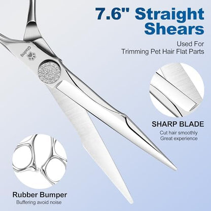 GLADOG Luxury Dog Grooming Scissors Set - 7" Straight, 6.5" Thinning, 7" Chunkers, 7" Curved - 9CR Steel, Silver Luxe, Right Hand, Plastic Handle, 4 Count