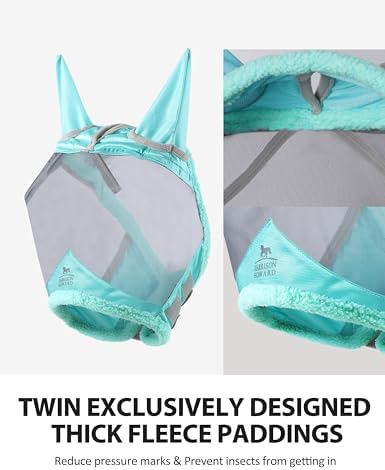 Harrison Howard CareMaster Horse Fly Mask UV Protective Fine Mesh with Extra Wool Soft Touch on Skin Summer Mint-Silver S