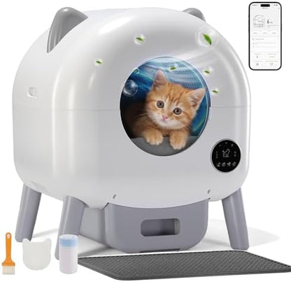 GTPLAYER Self Cleaning Litter Box, Automatic Cat Litter Box - APP Control and Weight Monitoring, Safety Sensors Protection, Ultra-Quiet, Odor Control, Includes Trash Bag& Scrub Brush, Ivory