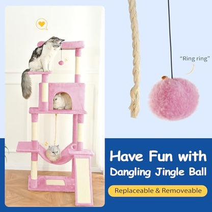 Cat Craft Cat Tree 63 Inch Cat Tower for Indoor Cats, Multi-Level Cat Tree for Large Cats 20 lbs+ Heavy Duty Cat Tower with Sisal Scratching Posts, Hammock, Condo and Extended Platform, Pink