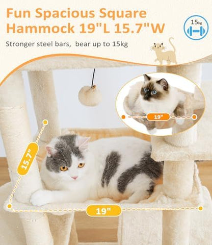 ABCPET Cat Tree Large Cat Tower Tree 68" Multi-Level Cat Tower for Indoor Cats with Sisal Scratching Posts, Widen Cat Perche, Square Hammock, 2 Widen Condos, Scratching Posts, Beige