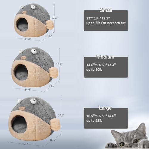 Cat Beds for Indoor Cats-Cat Bed Cave,Cute Lively Pufferfish Shape,Grey L