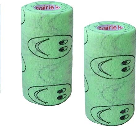 2 Pack Premium Vet Wrap - Self Adhesive Bandage Wrap & Athletic Tape - 4" x 5 Yards Elastic & Self-Sticking Cohesive Bandage for Pets, Sports, Wrists & Ankles -Green with Smiles by Prairie Horse