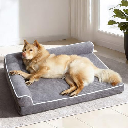 Orthopedic Dog Bed with Pillow L-Shape Dog Sofa for Large Medium Dogs, Dogs Couch with Removable Washable Cover, Pet Bed with Nonskid Bottom(Grey, XXX-Large(54x36in))