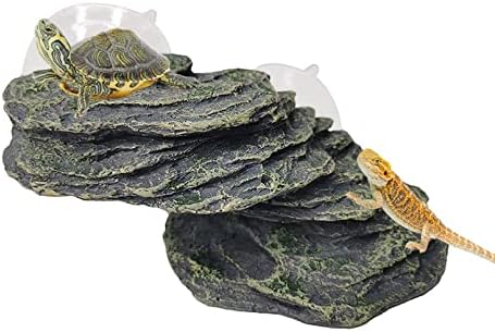 kathson Turtle Basking Platform with Suction Cup Tortoise Climbing Rest Terrace Resin Step Decoration Reptile Habitat Rock Decor for Frogs,Lizards,Geckos,Bearded Dragon-L