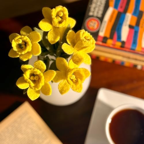 Glaciart One Felt Daffodil Artificial Flowers Bouquet - 5 pcs | Reusable, Washable and Essential Oil Ready Artificial Flowers w/Bendable Wire Stem | Great Gift or Home/Event Decorations