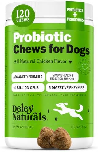 Deley Naturals Dog Probiotic Chews - 4 Billion CFU Probiotics for Dogs with Digestive Enzymes & Prebiotics - Grain Free Soft Chews for Gut Health & Digestive Support - 120 Chicken Chews Made in USA