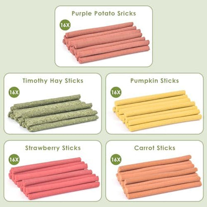 ERKOON 80Pcs Rabbit Timothy Hay Sticks, Five Flavors：PurplePotato/TimothyHay/Pumpkin/Strawberry/Carrot，Suitable Guinea Pig, Hamste, Gerbil, Chinchilla Treats, Chew Toys for Teeth for Bunnies