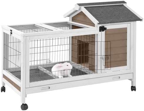 Wooden Rabbit Hutch Indoor and Outdoor, Rabbit Cage with Removable Wire Netting and Leak Proof Tray, Mobile Bunny Cage with Wheels (Brown)