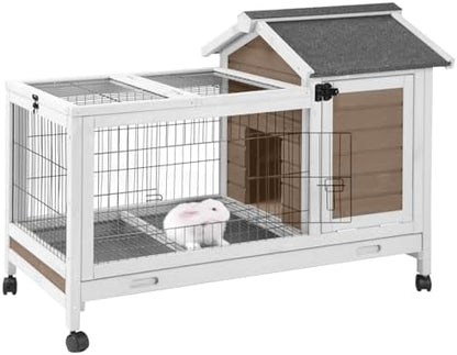 Wooden Rabbit Hutch Indoor and Outdoor, Rabbit Cage with Removable Wire Netting and Leak Proof Tray, Mobile Bunny Cage with Wheels (Brown)