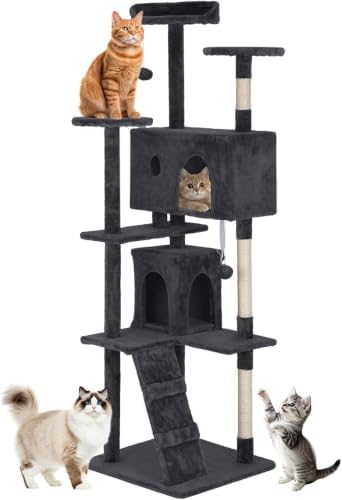 BestOffice 70" Cat Tree with Toy, Multi-Level Cat Tower Indoor Dark Gray