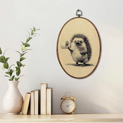 Funny Bathroom Oval Framed Wall Art, Vintage Hedgehog Canvas Art Wall Decor，Cottagecore Bathroom Hanging Decor Painting Artwork for Home Farmhouse Bedroom Living Room Office Toilet 8.3x12inch