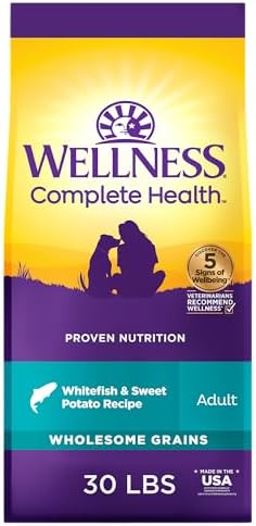 Wellness Complete Health Adult Dry Dog Food, Wholesome Grain Kibble, Natural, Chicken Free, Whitefish and Sweet Potato Recipe, 30 lb Bag