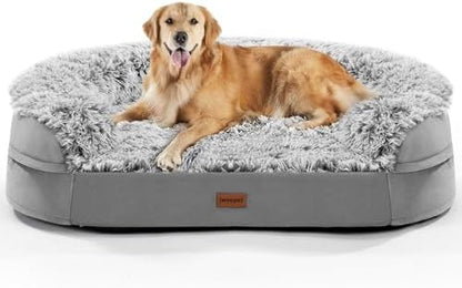 iweepet Fluffy Calming Orthopedic Dog Beds for Large & Extra Large Dogs, Supportive Dog Sofa Bed with 3.7 inch 28D Egg-Crate Foam, Removable Washable Plush Cover, Waterproof Lining,44’’,Grey