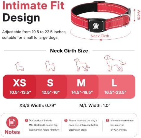 GPS Dog Collar with Tracker, Waterproof, No Monthly Fee, Red, L