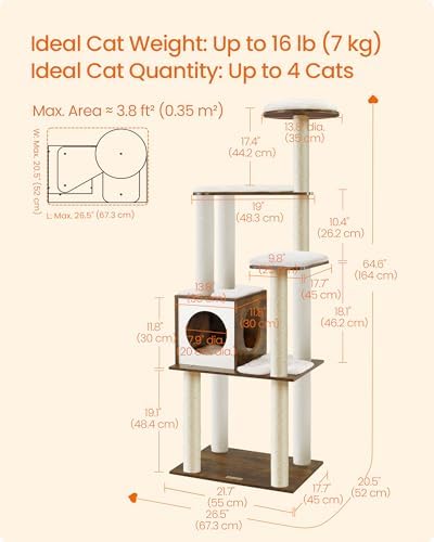 Feandrea Cat Tree, 64.6-Inch Multi-Level Tower with 5 Scratching Posts