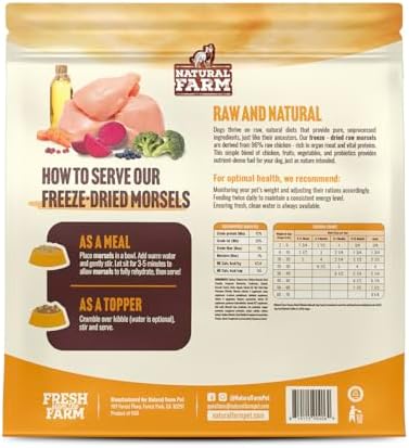 Natural Farm Freeze-Dried Chicken Morsels for Dogs – 96% Raw Chicken & Organs, Complete Meal or Food Topper, Grain-Free, Gluten-Free, Probiotics for Digestion, All Life Stages – 8oz Bag