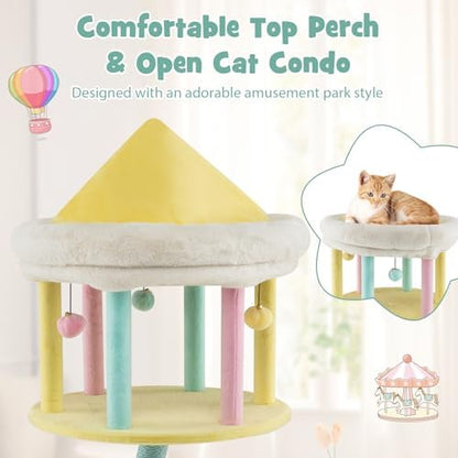 Tangkula Tall Cat Tree, 57.5 Inch Amusement Park Style Cute Cat Tower with Top Open Condo, 2 Perches, Scratching Posts & Dangling Balls, Aesthetic Cat Tree Tower for Indoor Cats Large Adult
