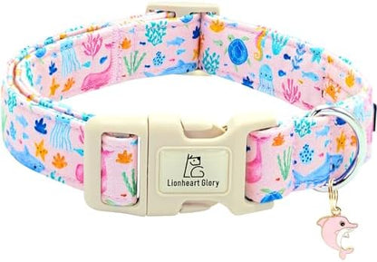 Lionheart glory Dog Collar Sea Animals Print Pink Dog Collars Male or Female Spring Summer Cute Collar Pet Gift Durable Adjustable Dog Collar for Small Dogs