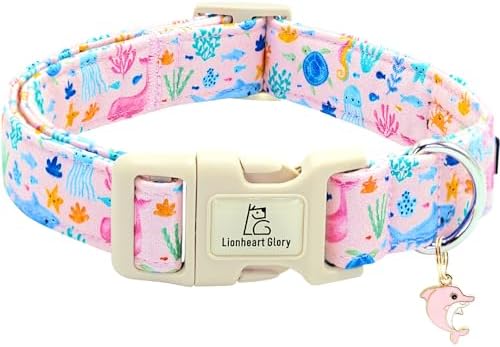 Lionheart glory Dog Collar Sea Animals Print Pink Dog Collars Male or Female Spring Summer Cute Collar Pet Gift Durable Adjustable Dog Collar for Medium Dogs