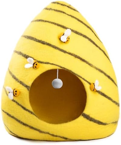 Woolygon Premium Felt Cat Cave Bed – Wool Kitty Beds Handcrafted Kitten Caves Bed for Indoor Cats - Made from Merino Wool, Foldable Cat Hideaway Covered Cat House Pod (Honey Hive)