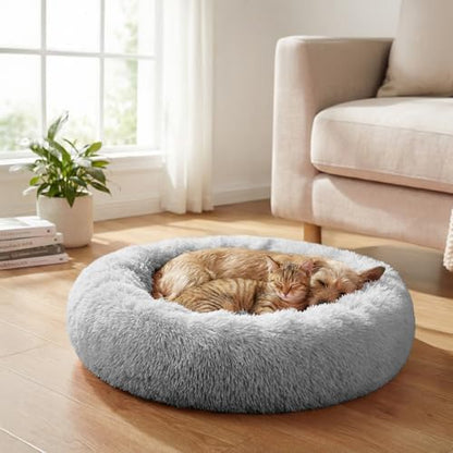 PetAmi Calming Donut Dog Bed, Washable Faux Fur, 30 Inch Medium, Light Grey