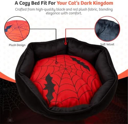 Gothic Cat Bed, 20 Inches Reversible Red and Black Cat Bed for Indoor Cats, Super Soft Plush Pet Bed with Cozy Spider Web Pillow and Secure Non-Slip Bottom
