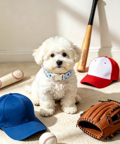 Lionet Paws Light Blue Summer Dog Collar Baseball Collars with Cute Baseballs Pattern Pendant - Female Male Boy Dog Collar for Small Medium Large Dogs M