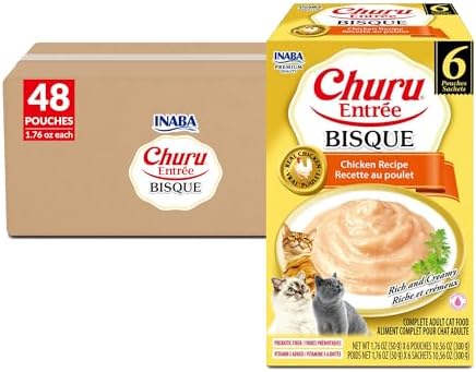 INABA Churu Entrée Bisque for Cats, High Protein & Moisture, Prebiotic Wet Cat Food, 1.76oz. per Serving, 48 Pouches, Chicken Recipe