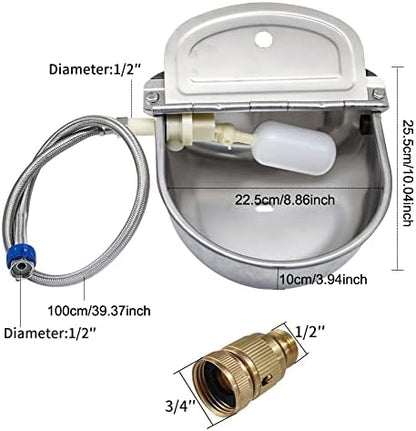 Automatic Livestock Waterer, 304 Stainless Steel with Float Valve, Animal Watering Bowl for Dogs, Horses, Goats, Cattle, Pigs & Chickens, Wall & Ground Mount, Includes 3/4" Adaptor & Water Pipe