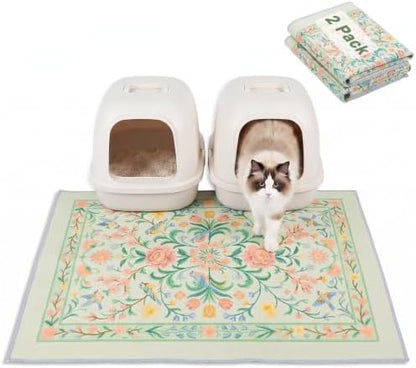 Bienbee Cat Litter Mat, 2PCS 33"x22" Machine Washable Litters Box Mats Non-Slip &Waterproof Cat Litters Trapping Mats Easy to Clean Mat for Litter Box Less Waste Protects Floors Pastel Green L
