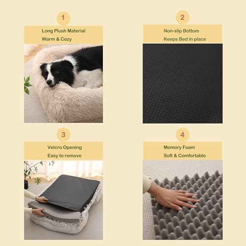 Orthopedic Dog Bed for Large Dogs - Washable Memory Foam Pet Sofa, Fluffy Plush Rectangular Bed, Waterproof Anti-Anxiety Couch, Khaki, L