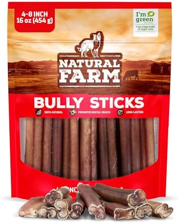 Natural Farm Odor-Free Bully Sticks (4-8”, 16oz) ALL-NATURAL Long-Lasting Chews, 100% Beef Pizzle, Grass-Fed, Grain-Free, Hormone-Free, Protein for Muscle Development & Energy, Perfect For Medium Dogs