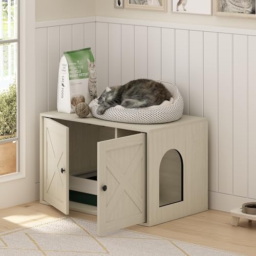 Furinno PELI Farmhouse Style Cat Litter Box Enclosure, White Wash