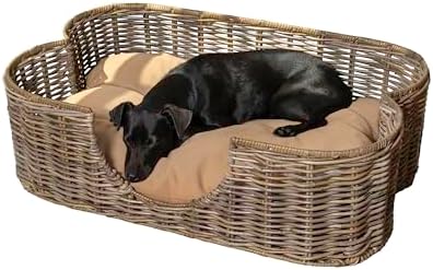 DBD1003A Scallop 31" x 20" Tropical Handwoven Rattan Dog Bed with Machine Washable Cushion, Kubu Gray