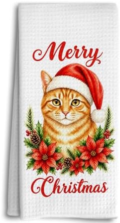 Merry Christmas Orange Cat Kitchen Dish Towels Dishcloth 16x24 Inches