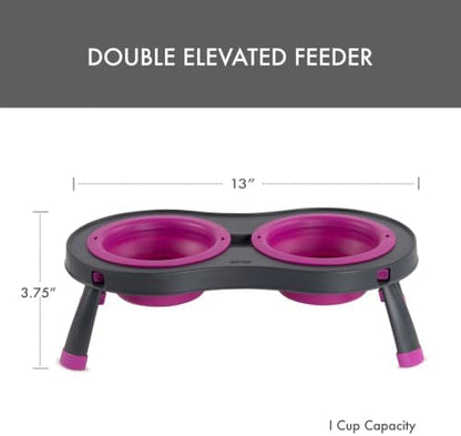 Dexas Pets Elevated Double Pet Feeder, Small, 1 Cup Capacity Bowls, Fuchsia, Raised Pet Food and Water Bowls