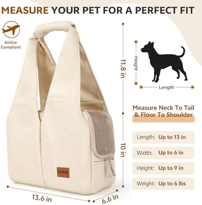 Dog Purse Carrier for Small Dogs and Cats, Soft-Sided Pet Tote Bag with 6 Large Pockets, Collapsible Travel Puppy Carrier with Small Cushion, Fits Pets up to 6 lbs (Beige, 13.6" L x 6.6" W x 10" H)