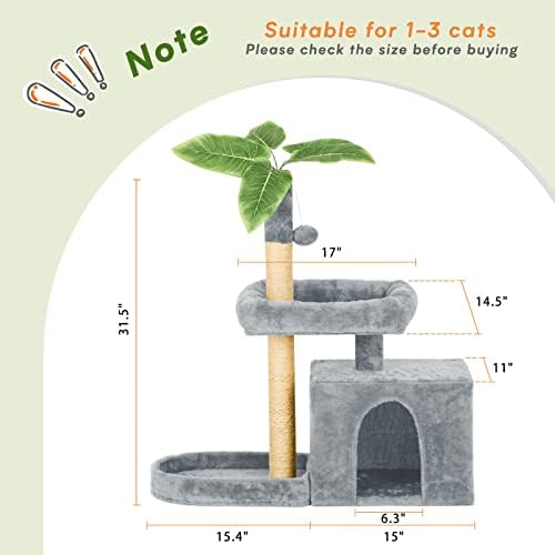 31.5inch Small Cat Tree Tower Condo for Indoor Cats, Soft Plush Multi-Level Climbing Tree Cat House with Cat Cave, Scratching Post, Sisal Rope, Grey