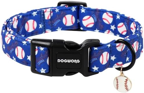 DOGWONG Baseball Dog Collar, Spring Summer Boy Dog Collar,Blue Patriotic Blue Baseball Boy Dogs Collars for Small Medium Dogs, Neck 14-21 inches