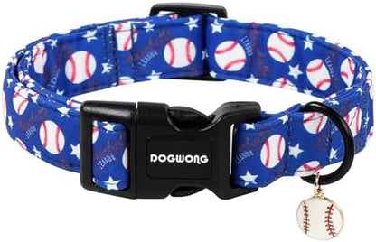 DOGWONG Baseball Dog Collar, Spring Summer Boy Dog Collar,Blue Patriotic Blue Baseball Boy Dogs Collars for Small Medium Dogs, Neck 14-21 inches