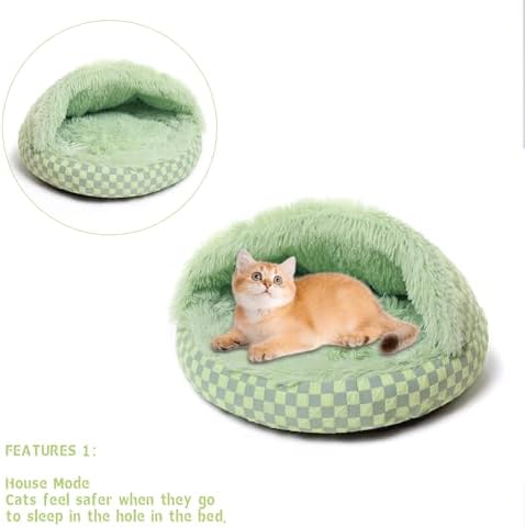Cat Bed Hooded Plush Nest with Self-Warming Cozy Cave, Calming Anti-Anxiety Pet Bed for Indoor Cats & Small Dogs, Removable Washable Cover & Waterproof Bottom - Green
