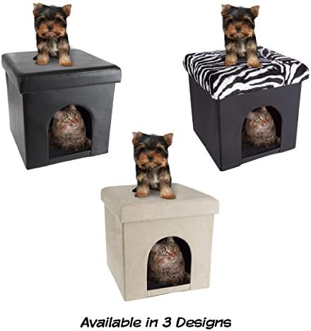Pet House Ottoman - Collapsible Multipurpose Small Dog or Cat Bed Cube and Footrest with Cushion Top and Interior Pillow by PETMAKER (Microsuede Tan)