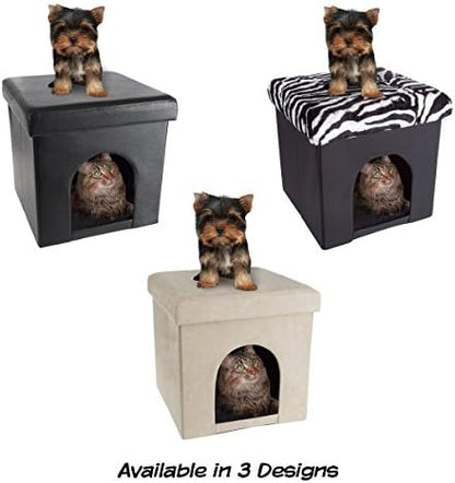 Pet House Ottoman - Collapsible Multipurpose Small Dog or Cat Bed Cube and Footrest with Cushion Top and Interior Pillow by PETMAKER (Microsuede Tan)