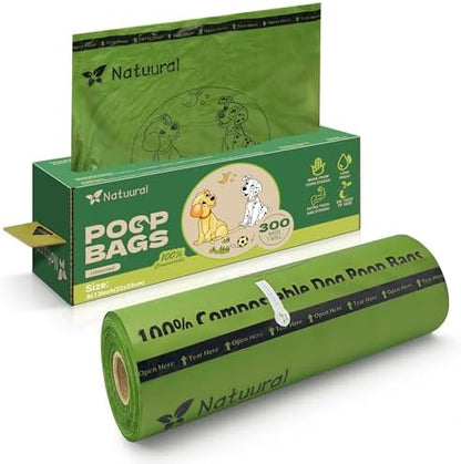 Compostable Dog Poop Bags-300 Bags 1Rolls, (Unscented)